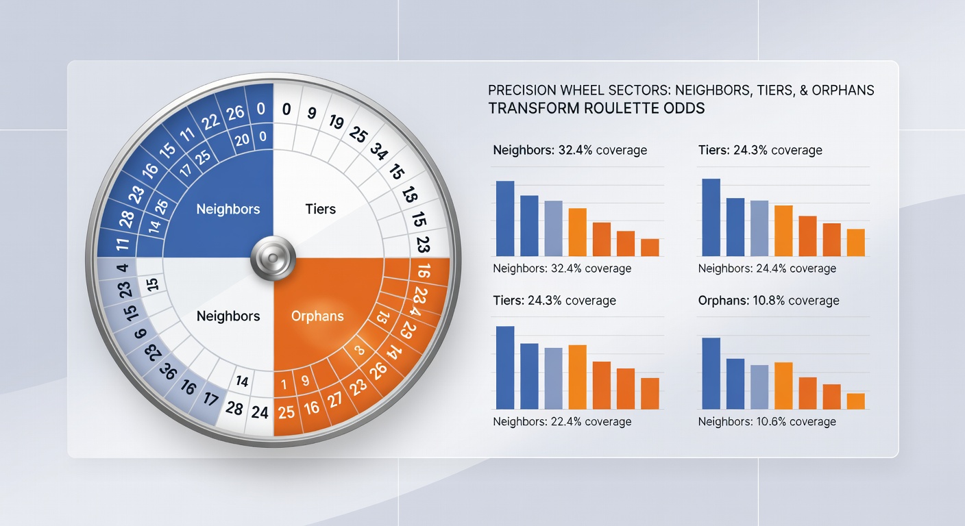 Detaillierte Darstellung der Tiers du Cylindre und Orphans-Sektoren auf einem europäischen Roulette-Rad mit Markierungen